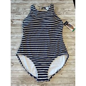 NWT LANDS’ END One-piece Swimsuit Bathing Suit Sz XL High Neck Blue White UPF 50